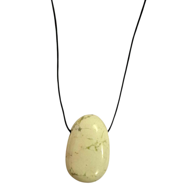 Lemon Chrysoprase drilled tumble stone pendant on a black cord – uplifting yellow-green crystal for joy, emotional detox and clarity