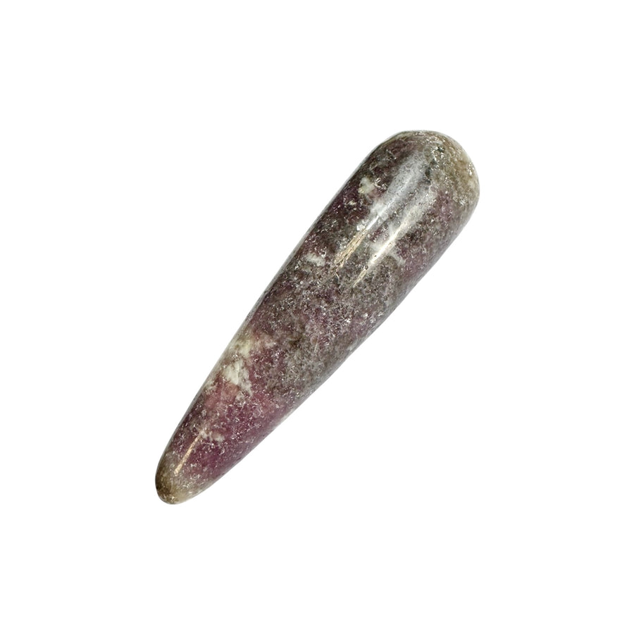 Polished Lepidolite massage wand with soft lavender and lilac tones, ideal for stress relief and emotional healing