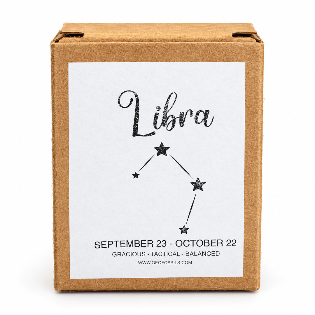 GeoFossils Libra zodiac gift box featuring constellation artwork, September 23 to October 22 dates and Libra traits on a white background.