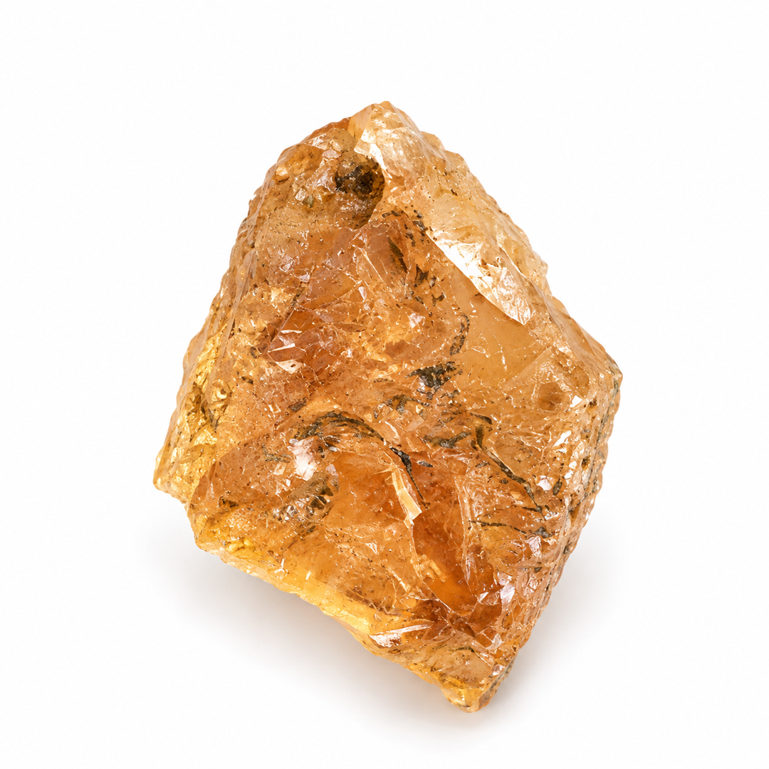 GeoFossils raw Imperial Topaz specimen with translucent fractured texture and natural inclusions on a white background.