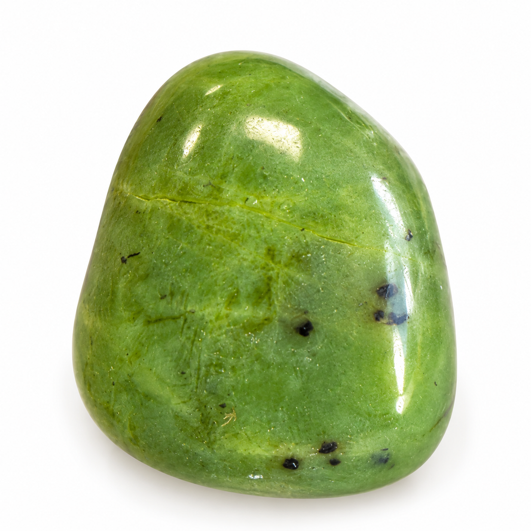 GeoFossils polished Nephrite Jade tumble with olive green colouring, dark mineral specks and natural veining on a white background.