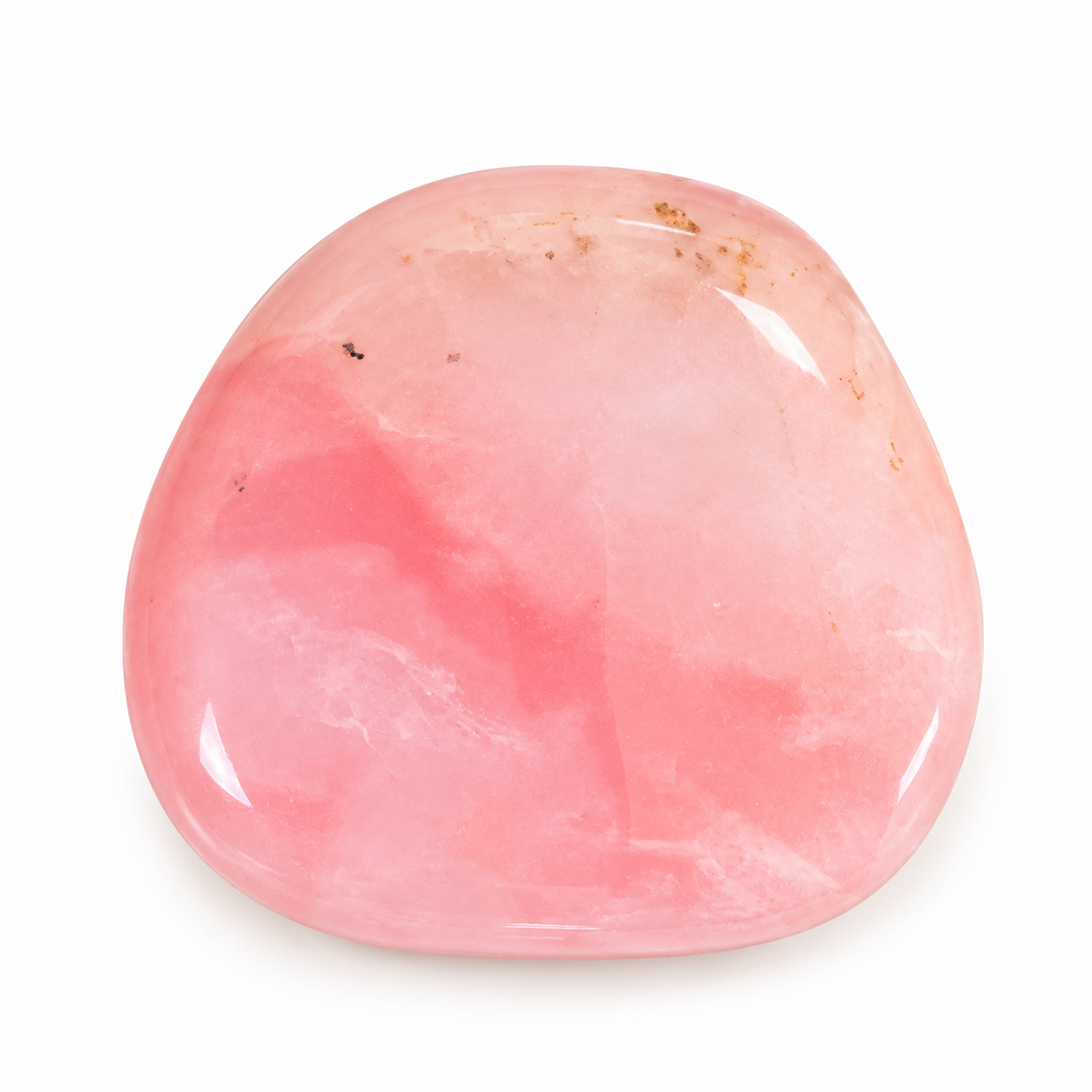 GeoFossils polished Rose Opal tumble with soft blush tones, natural veining and mineral inclusions on a white background.