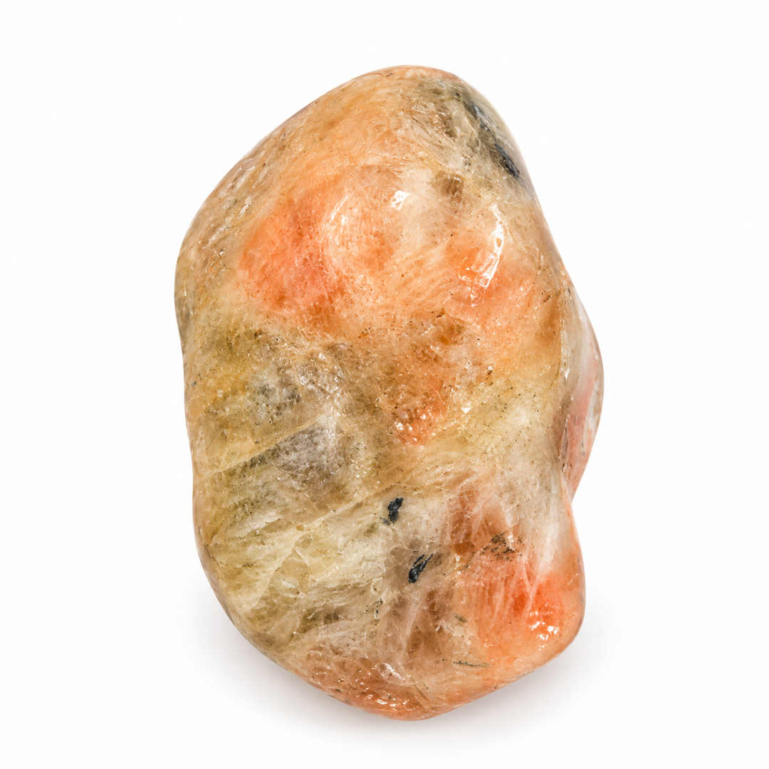GeoFossils polished Sunstone tumble with warm peach-orange tones, cream and golden inclusions, natural veining and dark mineral flecks on a white background.