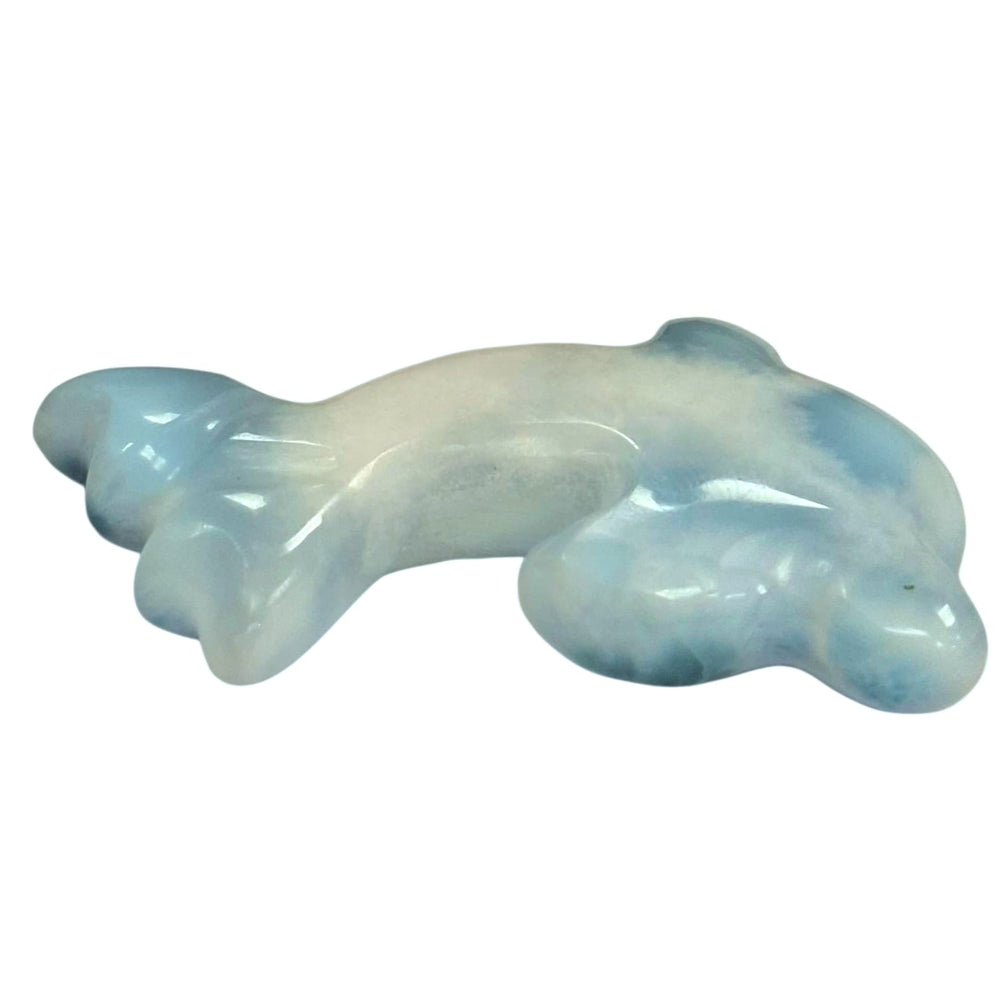 Light Blue Larimar Dolphin carving with polished ocean hues – symbol of joy, harmony, and communication