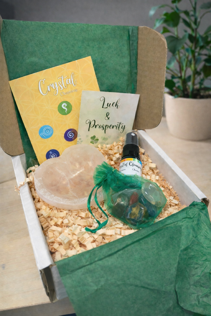 Luck and Prosperity crystal set with citrine, pyrite, green aventurine, and selenite heart