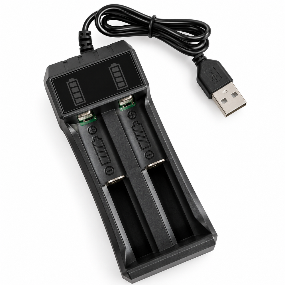 GeoFossils dual-bay USB battery charger shown empty with charging cable on a white background.