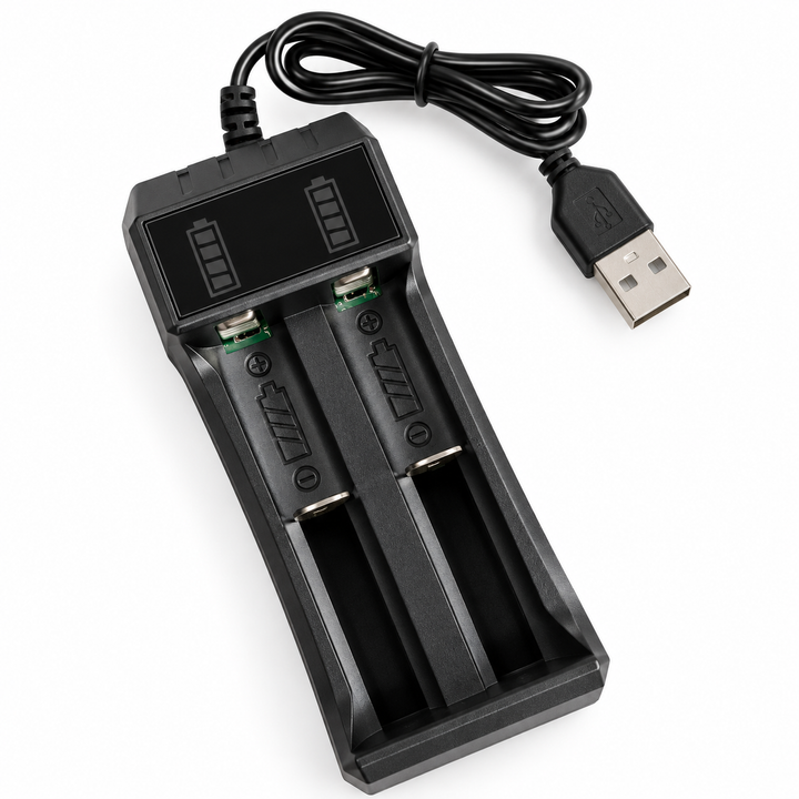 GeoFossils dual-bay USB battery charger shown empty with charging cable on a white background.