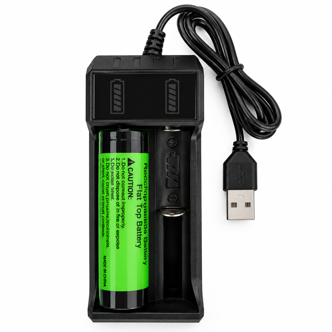 GeoFossils rechargeable flat-top battery fitted inside a dual-bay USB battery charger on a white background.
