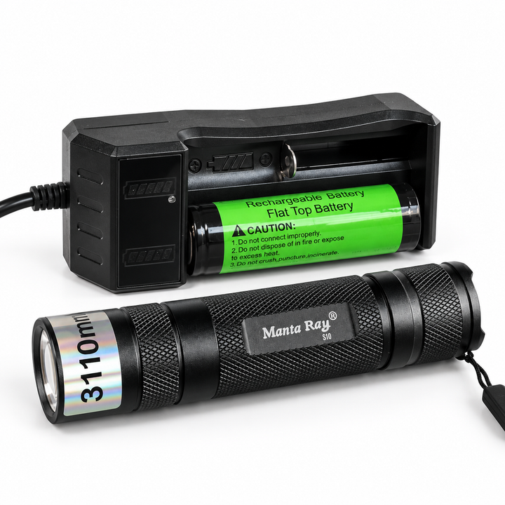 GeoFossils 310nm Manta Ray UV torch with rechargeable battery and USB battery charger on a white background.