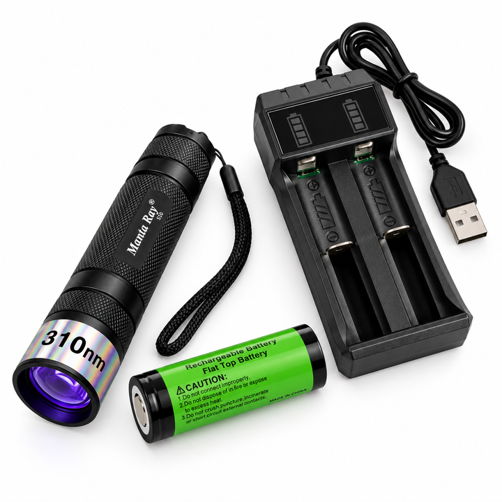 GeoFossils 310nm Manta Ray UV torch kit with rechargeable battery and USB charger arranged on a white background.