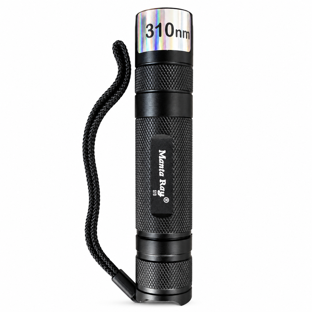 GeoFossils 310nm Manta Ray UV torch shown vertically with attached wrist strap on a white background.