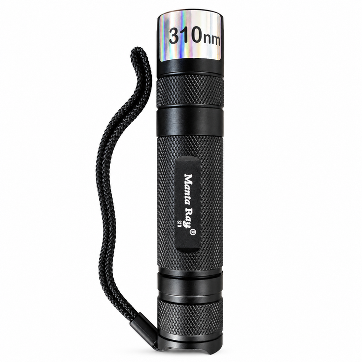 GeoFossils 310nm Manta Ray UV torch shown vertically with attached wrist strap on a white background.