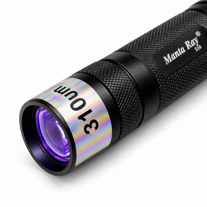 GeoFossils close-up of the 310nm Manta Ray UV torch showing the lens, wavelength label and textured body.