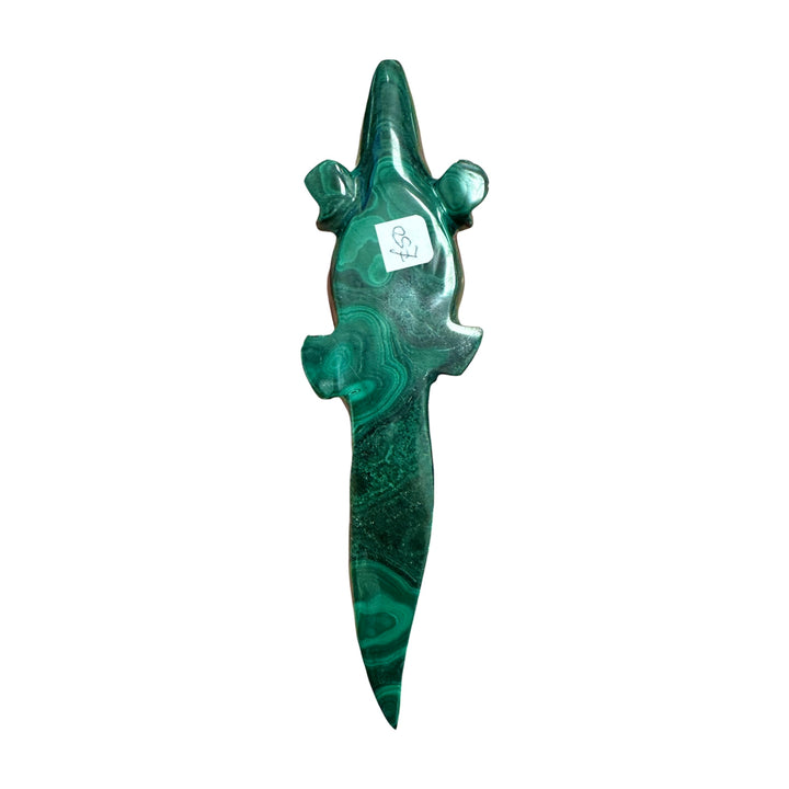 Natural green Malachite crocodile carving with polished mineral banding
