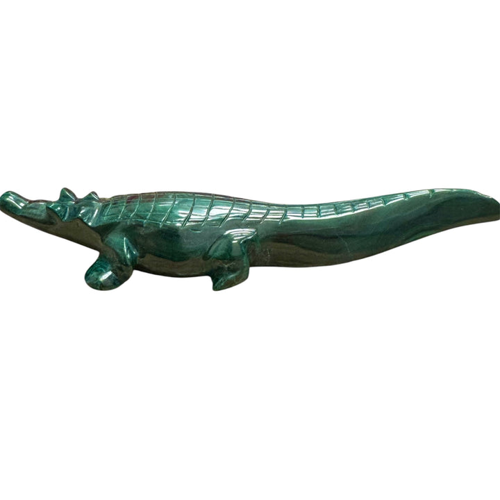 Polished Malachite crocodile display piece for crystal collections
