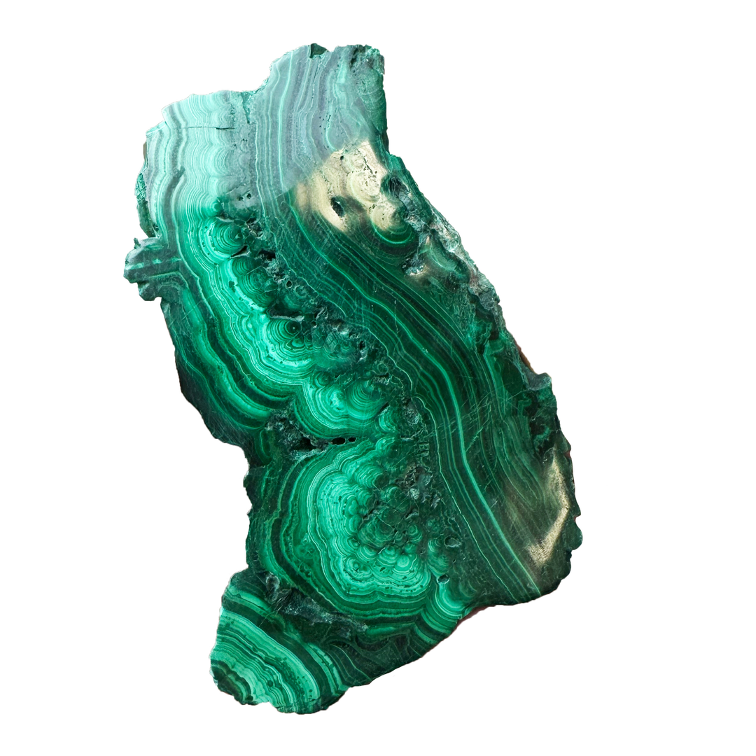 Collector-grade Malachite mineral specimen with flowing green geological patterns and polished crystal structure.