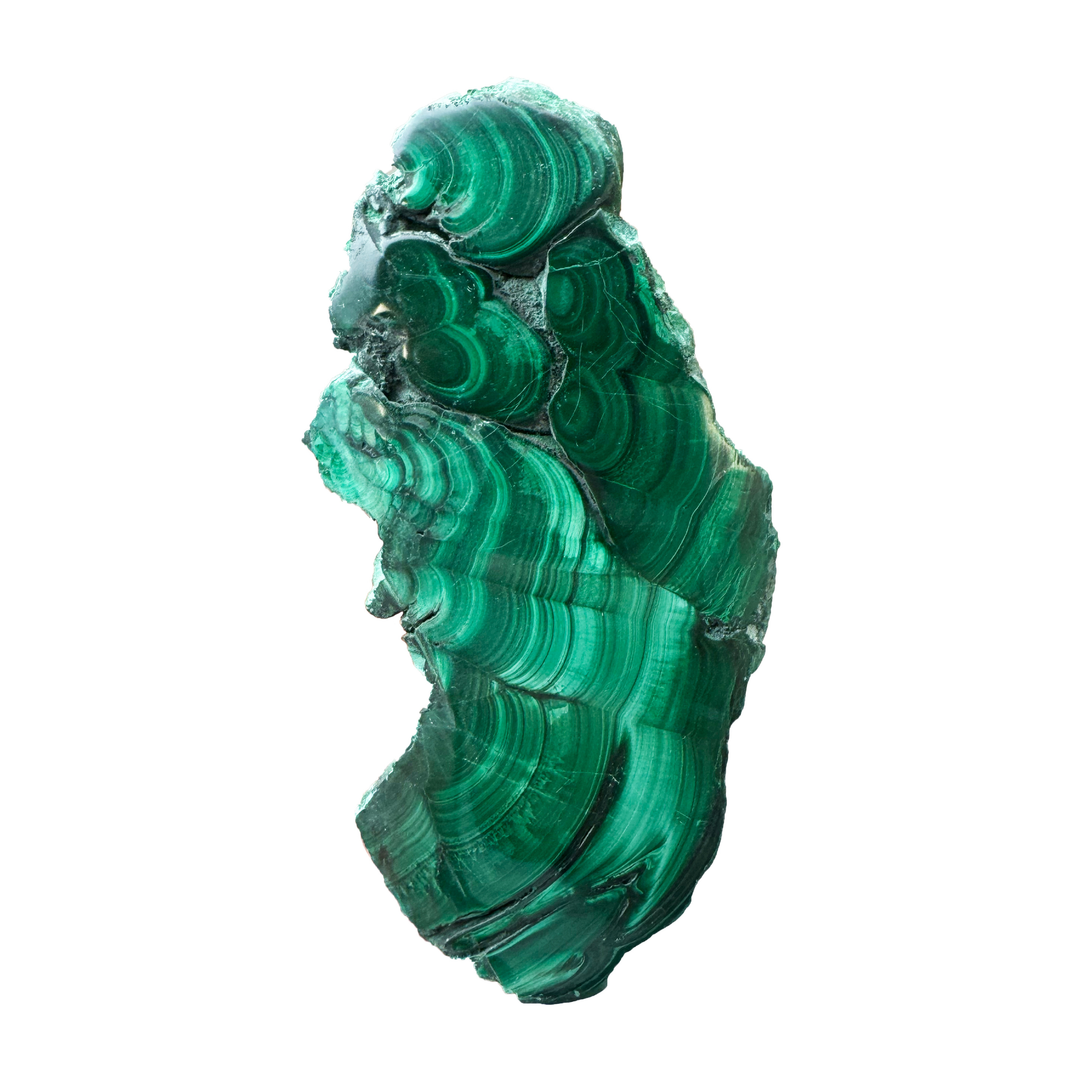 Premium polished Malachite display piece with vibrant emerald green mineral zoning and freeform natural edges.