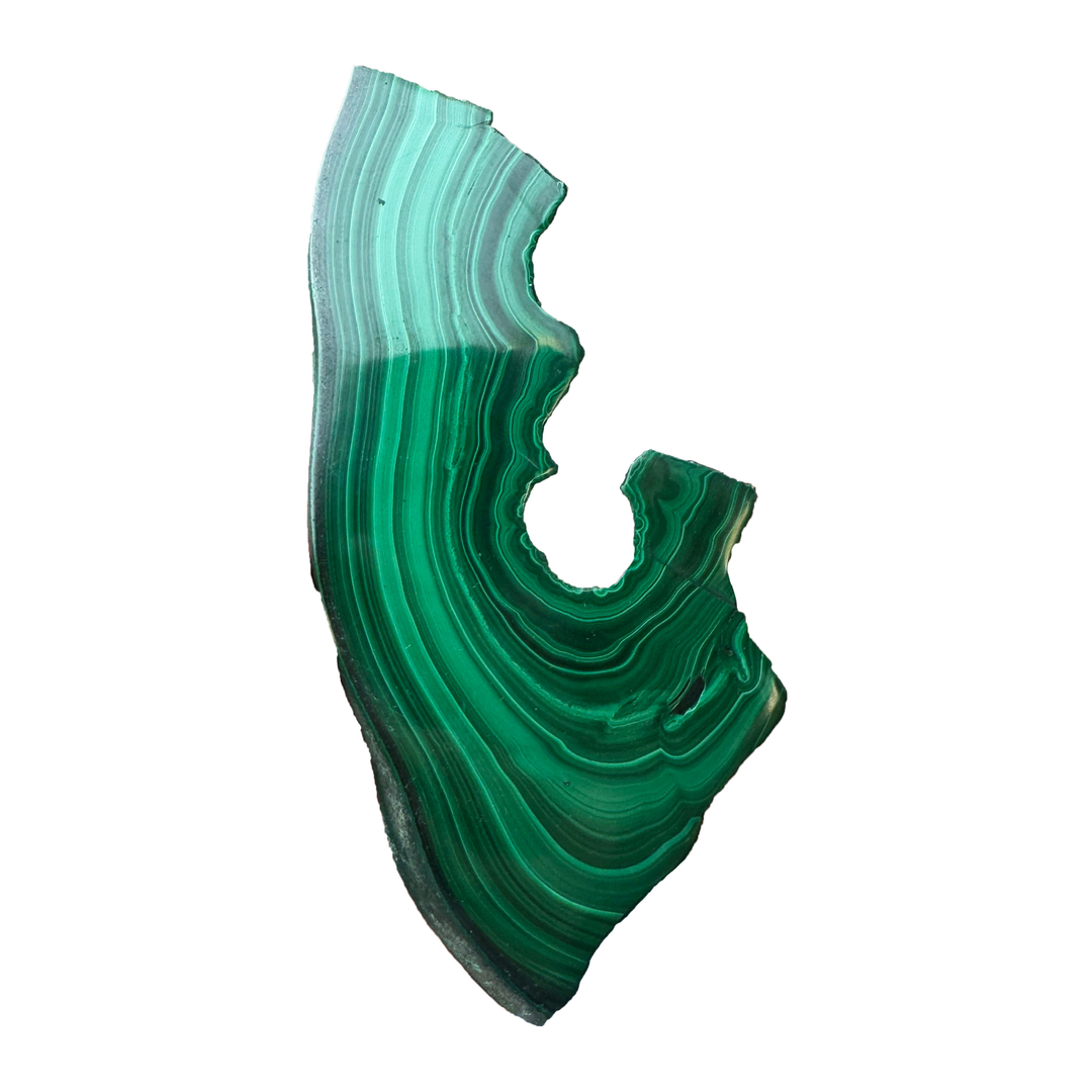 Premium polished Malachite display piece with vibrant emerald green mineral zoning and freeform natural edges.