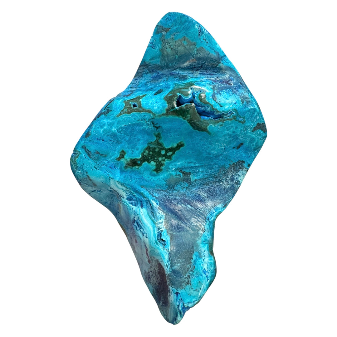 Natural Malachite with Chrysocolla and Plancheite display piece showcasing polished sculptural contours and layered copper mineral textures.