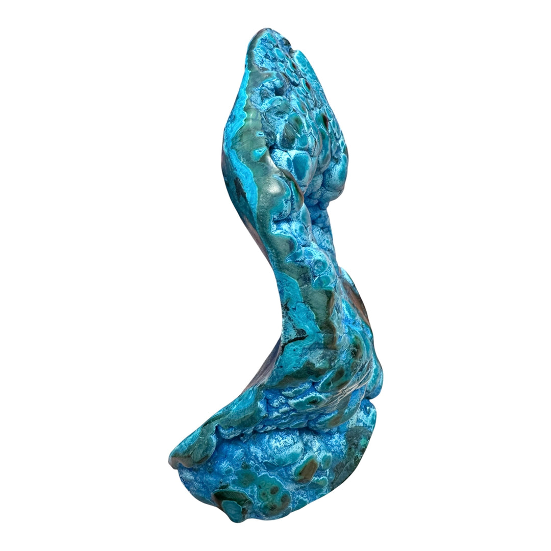 Polished Malachite with Chrysocolla and Plancheite freeform from the Democratic Republic of Congo featuring vivid blue botryoidal formations.
