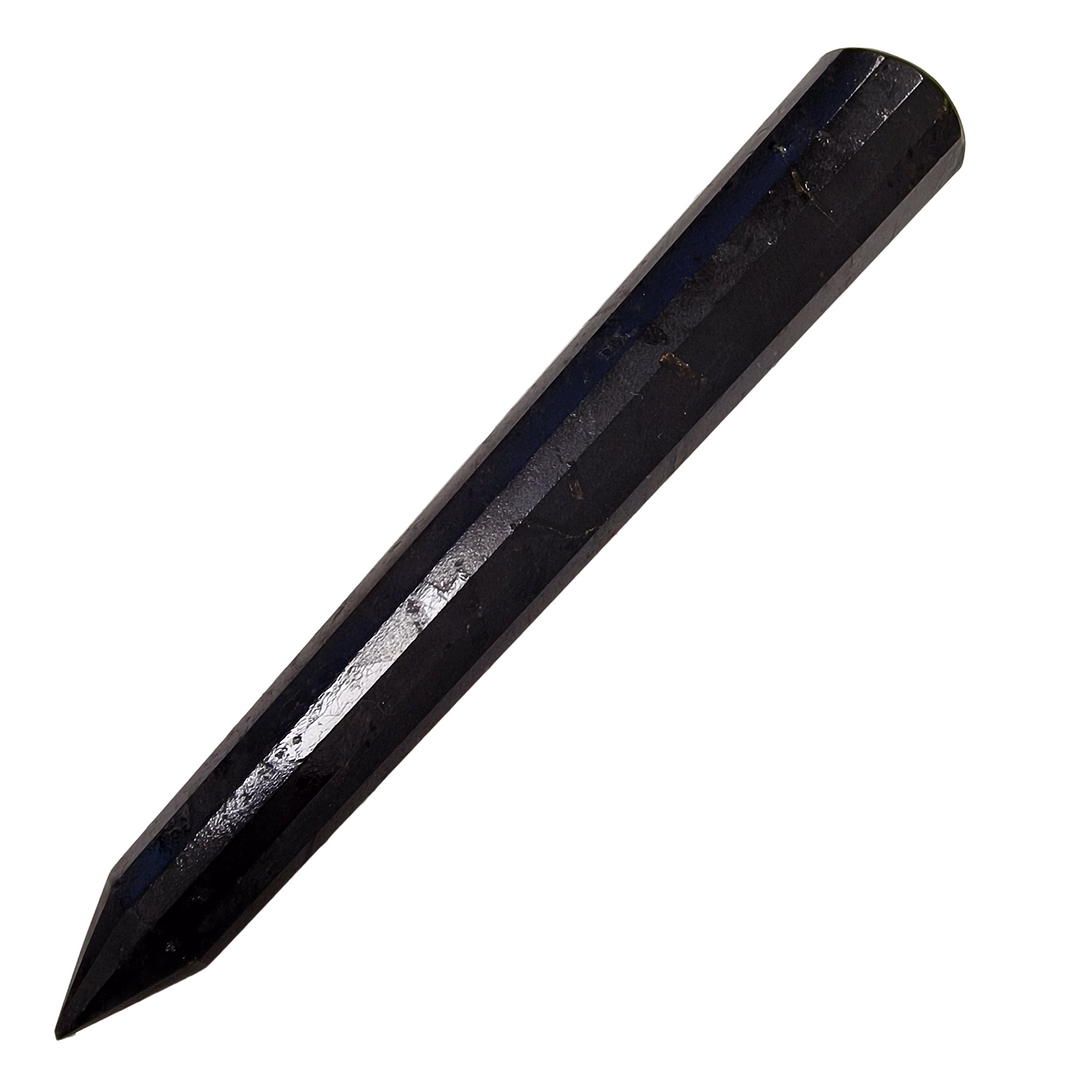 GeoFossils Faceted Black Tourmaline Massage Wand – six-sided black crystal wand for protection, grounding and energetic structure