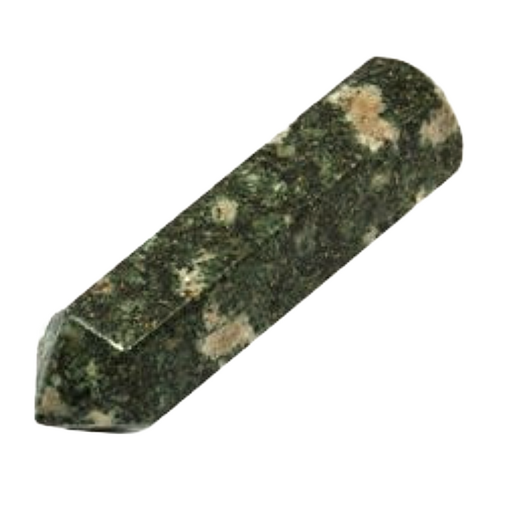 Polished Preseli Bluestone massage wand with mottled dark green and grey tones, ideal for grounding, ancestral work, and crystal healing