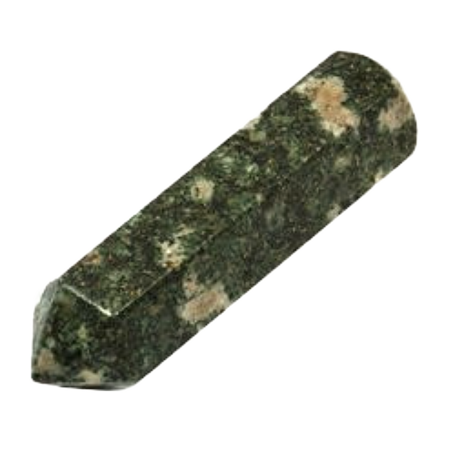 Polished Preseli Bluestone massage wand with mottled dark green and grey tones, ideal for grounding, ancestral work, and crystal healing