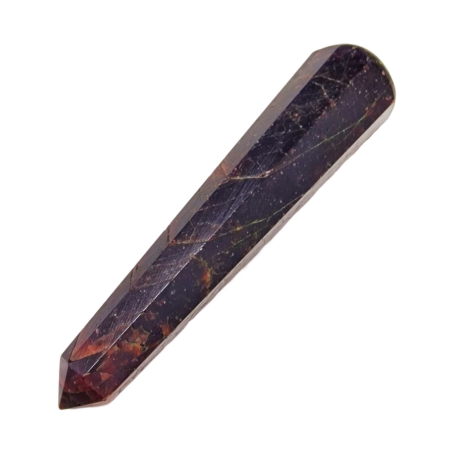 GeoFossils Faceted Red Garnet Massage Wand – six-sided deep red crystal wand for passion, strength and grounded energy flow