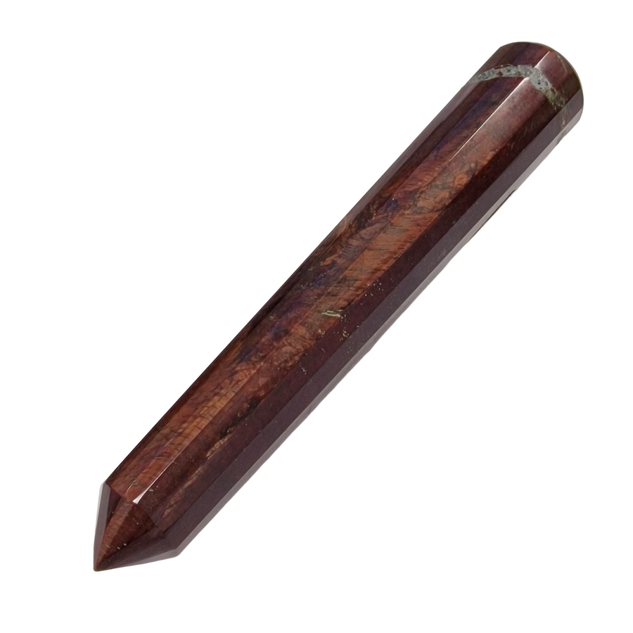 GeoFossils Faceted Red Tiger’s Eye Massage Wand – six-sided red crystal wand with chatoyancy for motivation, grounding and confidence
