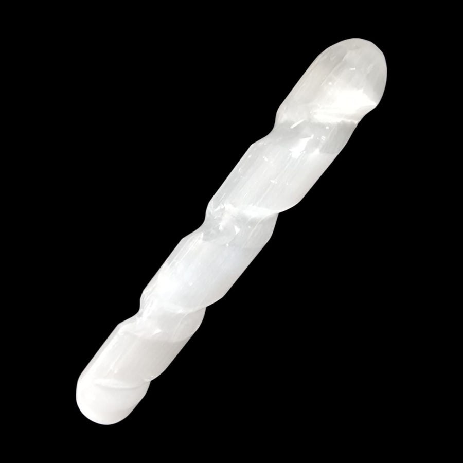 Smooth-ended Selenite massage wand with carved spiral design running from tip to tip, ideal for energy work and chakra alignment.