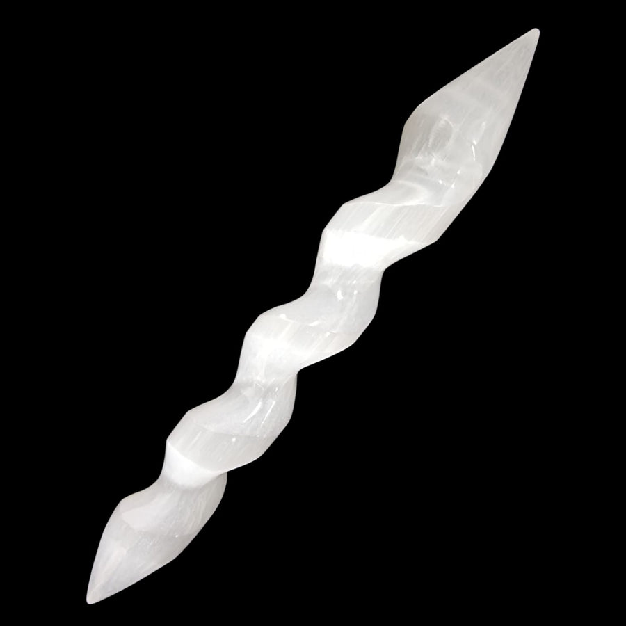 Double terminated Selenite massage wand featuring a carved spiral design, perfect for energy flow, cleansing rituals, and spiritual alignment.