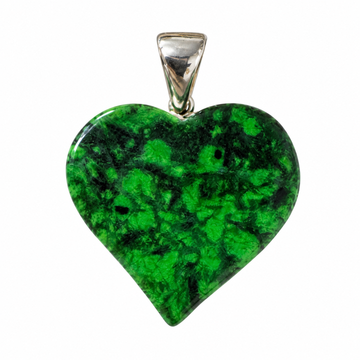 GeoFossils Maw Sit Sit heart pendant from Burma (Myanmar), featuring vivid green and black natural patterning with a polished finish and sterling silver bail on a white background.