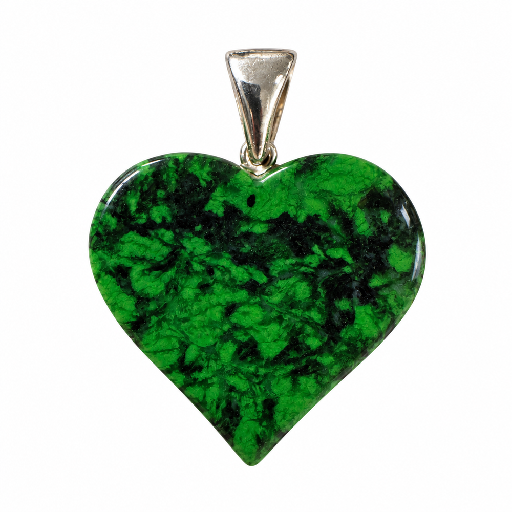 GeoFossils reverse view of the Maw Sit Sit heart pendant, displaying distinctive dark green and black mineral patterns, a polished surface and sterling silver fitting.