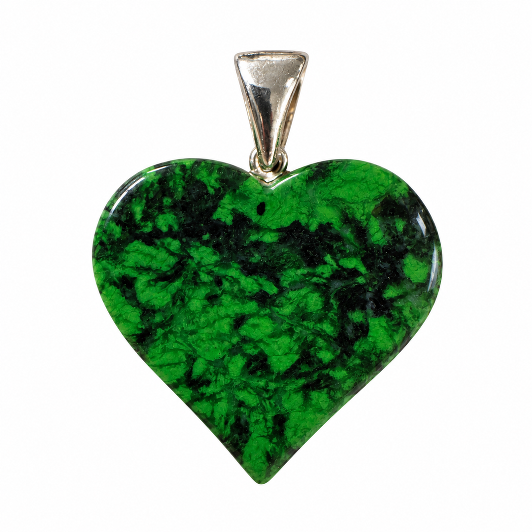 GeoFossils reverse view of the Maw Sit Sit heart pendant, displaying distinctive dark green and black mineral patterns, a polished surface and sterling silver fitting.