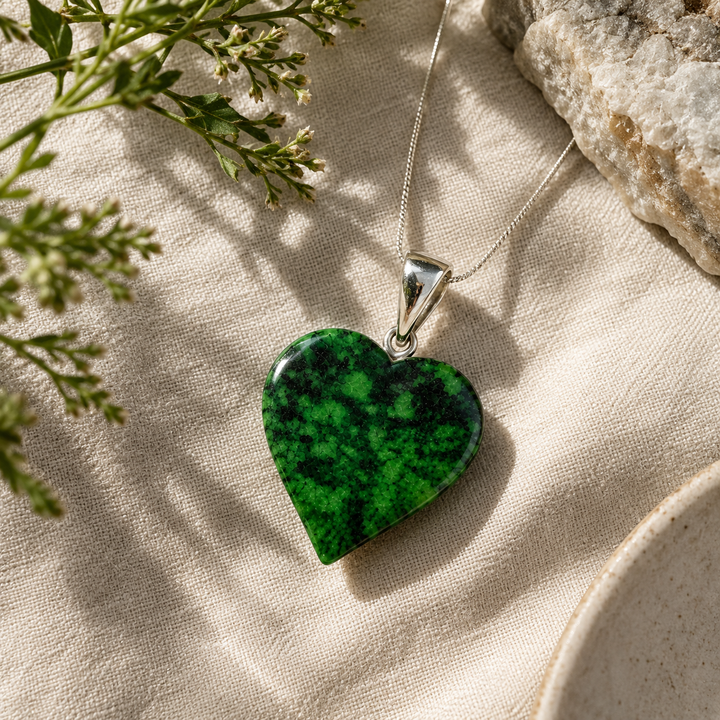 GeoFossils polished Maw Sit Sit heart pendant with sterling silver fitting, photographed in a minimal editorial jewellery arrangement against a soft neutral background.