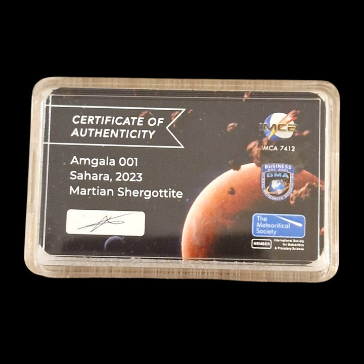 Martian Meteorite Amgala 001, Sahara 2022, Shergottite, Mars meteorite, certified specimen, fusion crust, IMCA certified, GMA, The Meteoritical Society