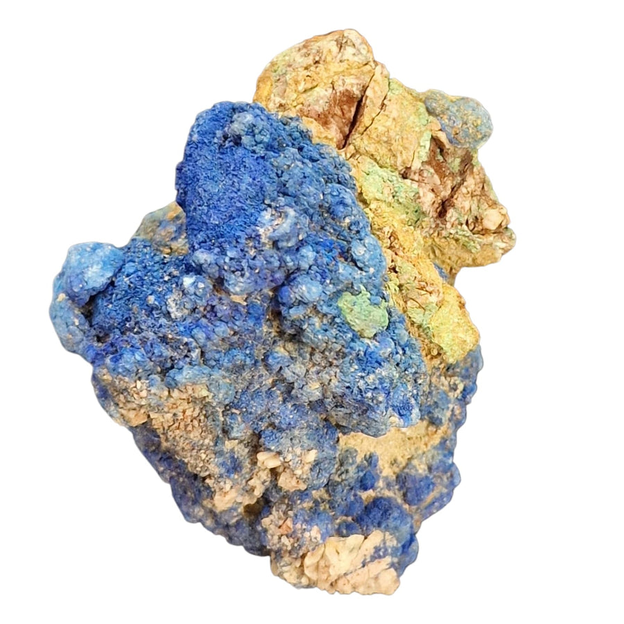GeoFossils – Azurite Cluster with Malachite showing vivid deep blue Azurite formations alongside rich green Malachite in a natural raw specimen.