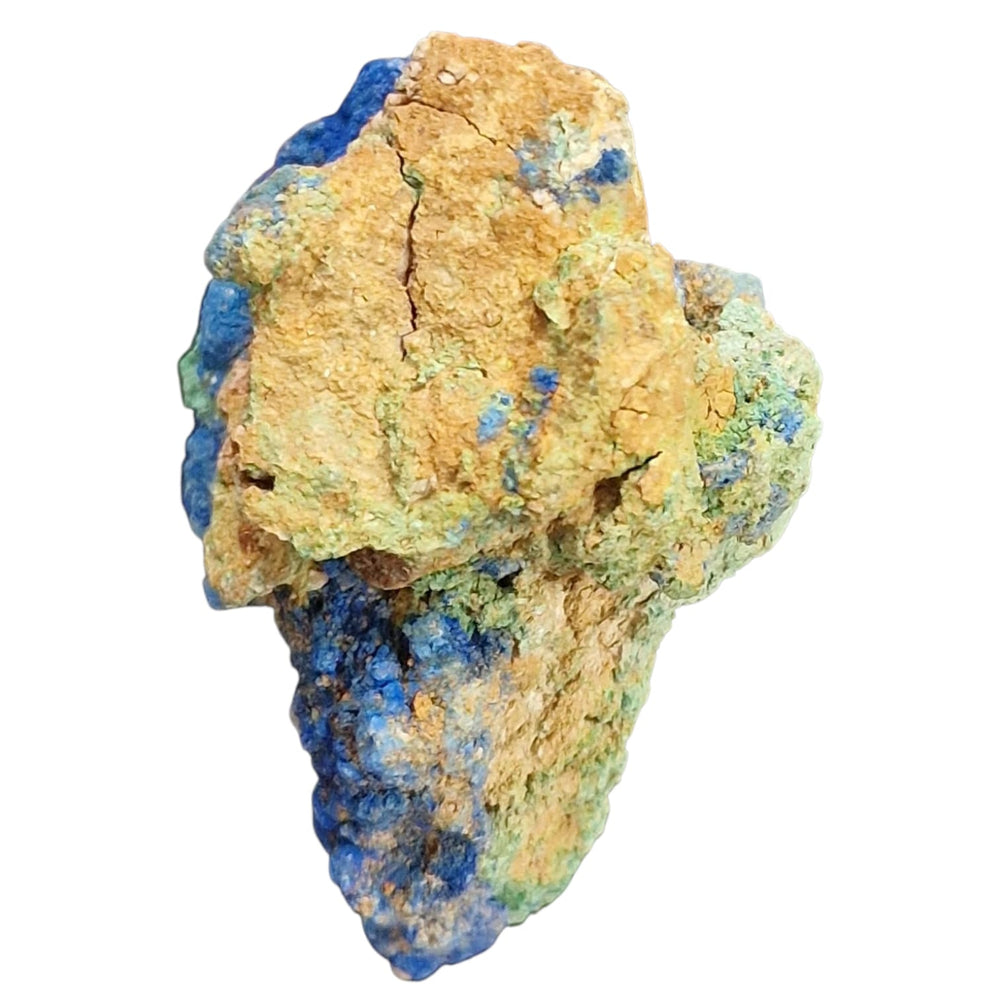 GeoFossils – Azurite Cluster with Malachite showing vivid deep blue Azurite formations alongside rich green Malachite in a natural raw specimen.