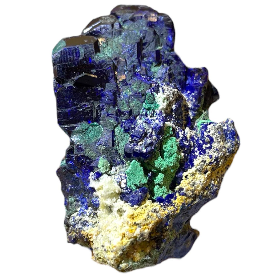 Azurite with vibrant green Malachite and sparkling Quartz crystals from the Easter Pocket, 8 Level, Tsumeb Mine, Namibia – rare 1994 mineral specimen with sharp crystal contrast and exceptional display quality.