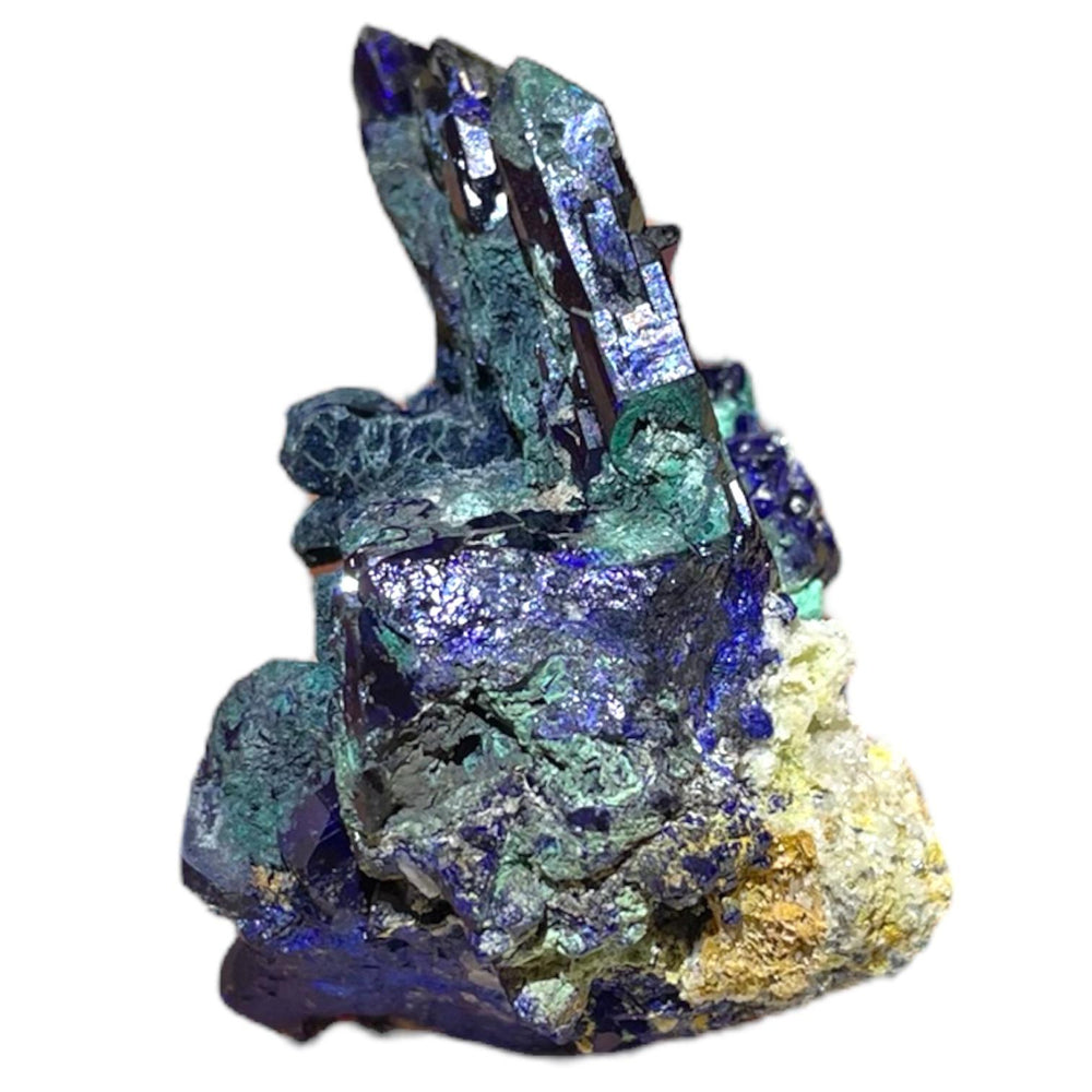 Azurite with vibrant green Malachite and sparkling Quartz crystals from the Easter Pocket, 8 Level, Tsumeb Mine, Namibia – rare 1994 mineral specimen with sharp crystal contrast and exceptional display quality.