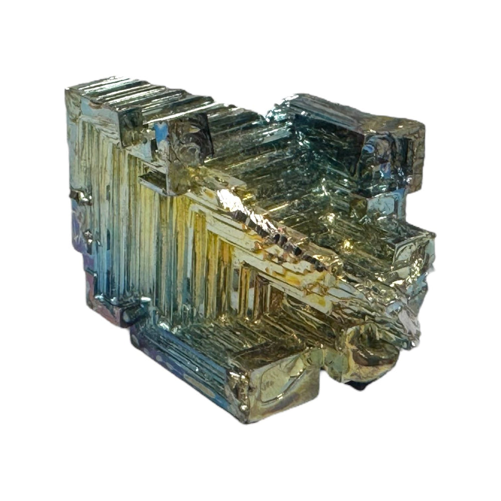 Close-up of large Bismuth hopper crystal with stair-step geometric formations.