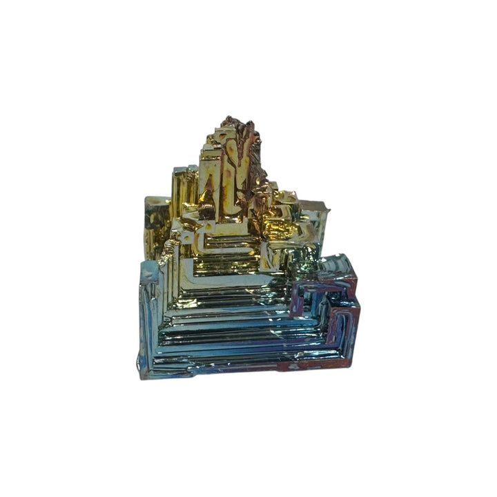 Close-up of medium Bismuth crystal showing hopper stair-step formations with vivid metallic sheen.