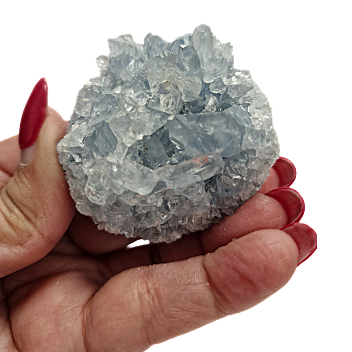 GeoFossils Celestite crystal cluster close-up with sky blue formations