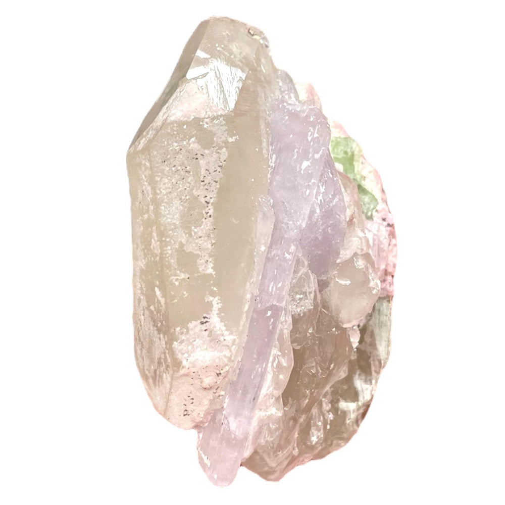 Geofossils Natural Citrine crystal with pink Kunzite, green Tourmaline, and shimmering Lepidolite from Minas Gerais, Brazil – rare multi-mineral specimen with vibrant colour and distinct crystal habits.