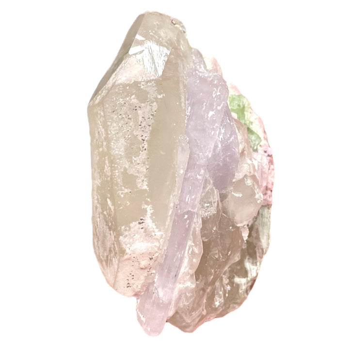Geofossils Natural Citrine crystal with pink Kunzite, green Tourmaline, and shimmering Lepidolite from Minas Gerais, Brazil – rare multi-mineral specimen with vibrant colour and distinct crystal habits.
