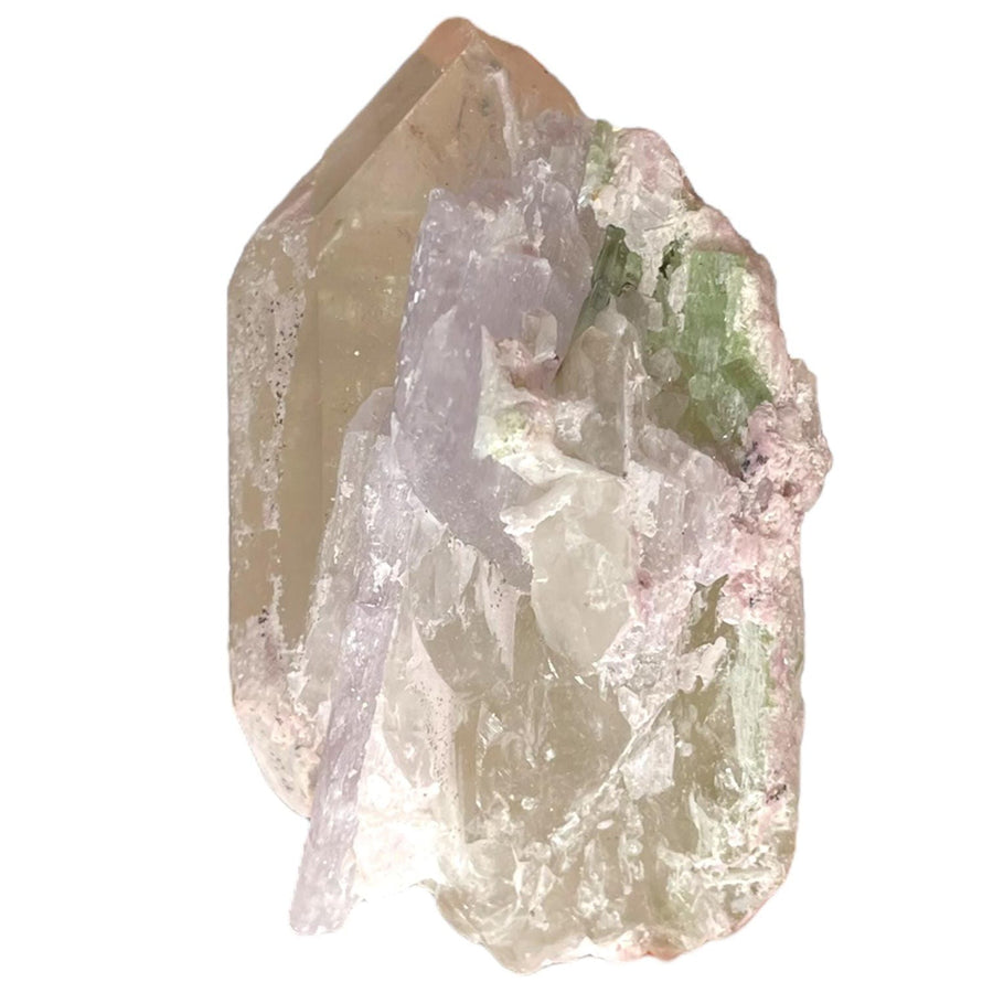 Geofossils Natural Citrine crystal with pink Kunzite, green Tourmaline, and shimmering Lepidolite from Minas Gerais, Brazil – rare multi-mineral specimen with vibrant colour and distinct crystal habits.
