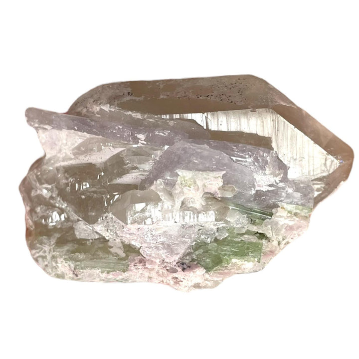 Geofossils Natural Citrine crystal with pink Kunzite, green Tourmaline, and shimmering Lepidolite from Minas Gerais, Brazil – rare multi-mineral specimen with vibrant colour and distinct crystal habits.