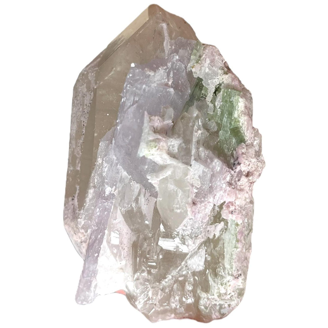 Geofossils Natural Citrine crystal with pink Kunzite, green Tourmaline, and shimmering Lepidolite from Minas Gerais, Brazil – rare multi-mineral specimen with vibrant colour and distinct crystal habits.
