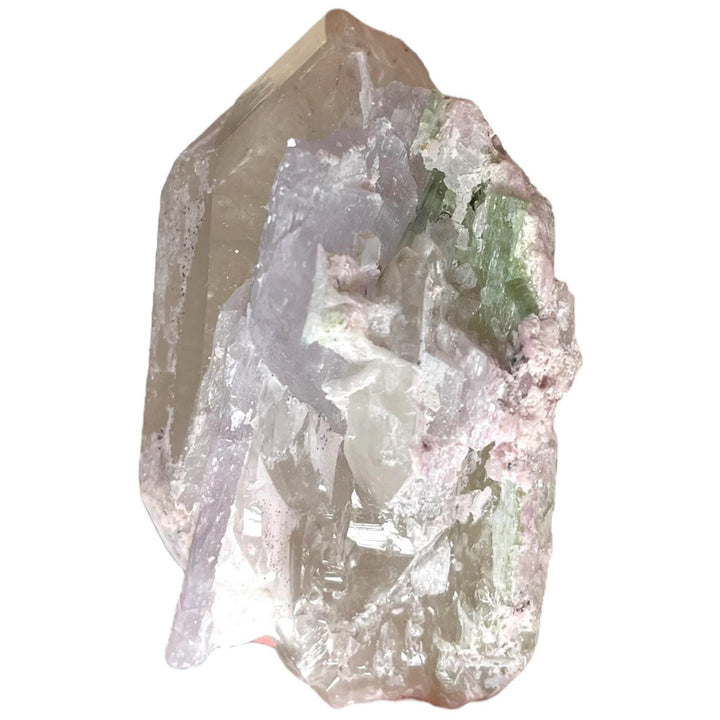 Geofossils Natural Citrine crystal with pink Kunzite, green Tourmaline, and shimmering Lepidolite from Minas Gerais, Brazil – rare multi-mineral specimen with vibrant colour and distinct crystal habits.