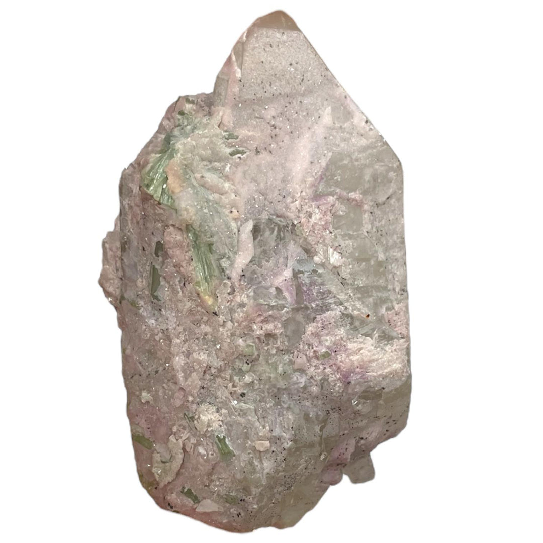 Geofossils Natural Citrine crystal with pink Kunzite, green Tourmaline, and shimmering Lepidolite from Minas Gerais, Brazil – rare multi-mineral specimen with vibrant colour and distinct crystal habits.